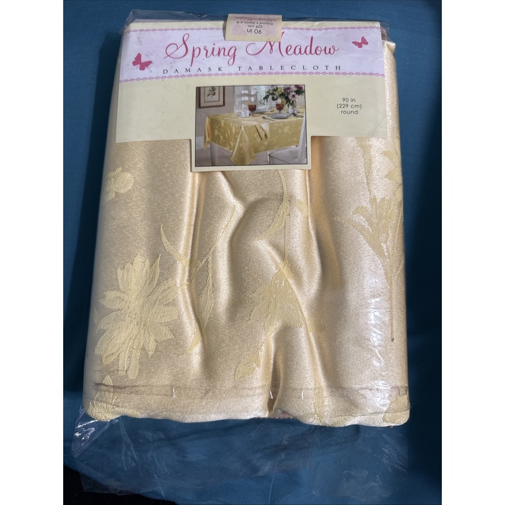 Damask Tablecloth Spring Meadow 90" Round Light Yellow Champagne Seats 6-8